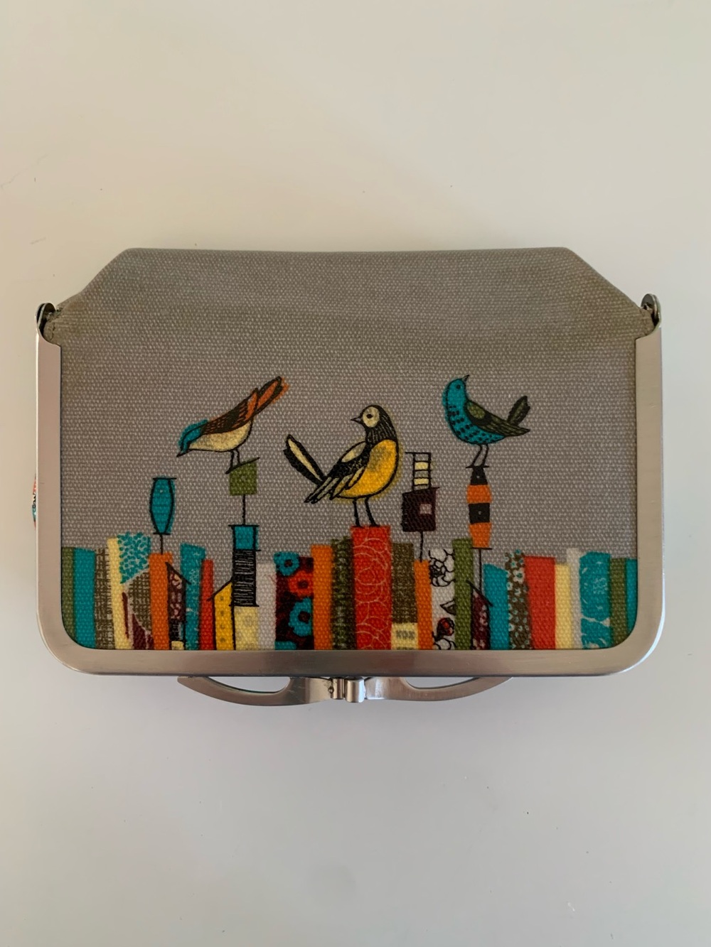 Birds on Books Pattern Canvas Makeup Purse - Gray with Teal & Yellow Accents